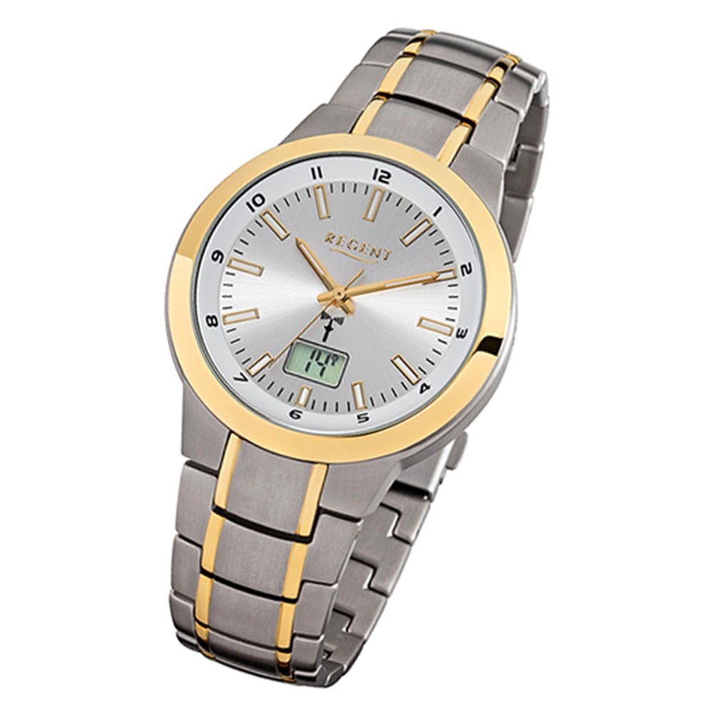 Regent Herren-Armbanduhr FR-239 Funkuhr Titan Gold-Armband grau gold URFR239