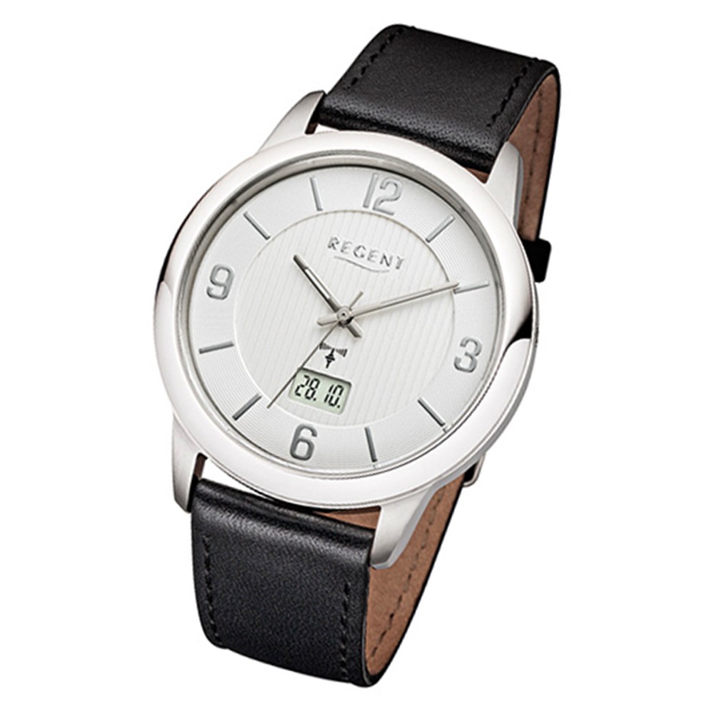 Regent Herren-Armbanduhr 32-FR-242 Funkuhr Leder-Armband schwarz URFR242