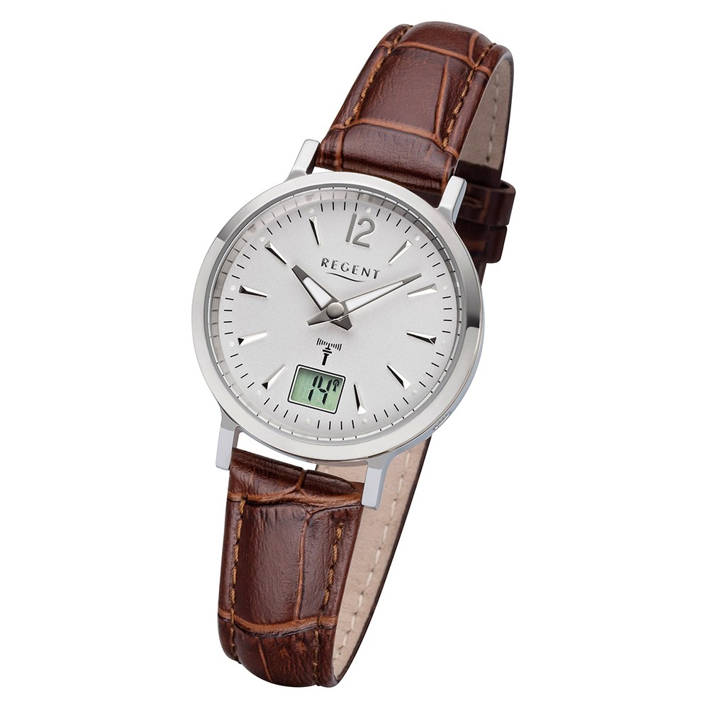 Regent Damen Funkuhr Analog-Digital FR-256 Funk-Uhr Leder braun URFR256