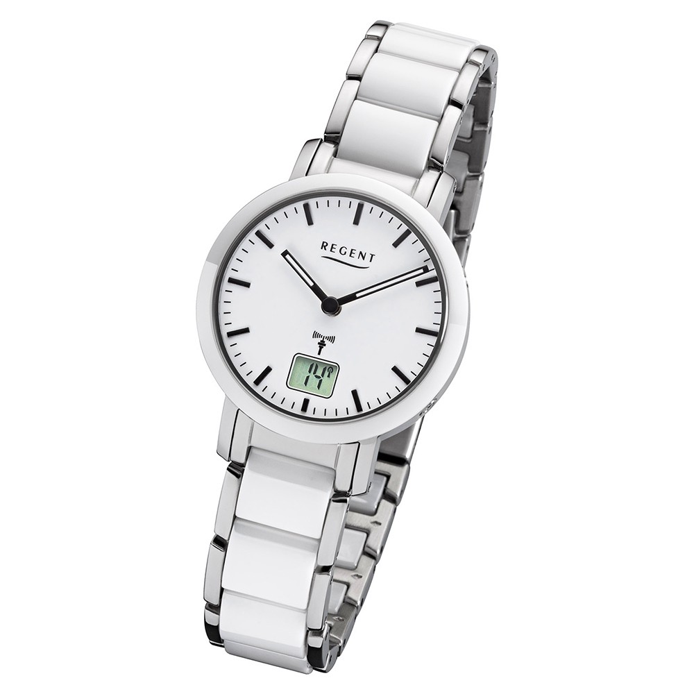 Armbanduhr weiß silber Funk-Uhr Digital FR-264 Regent Metall URFR264 Analog