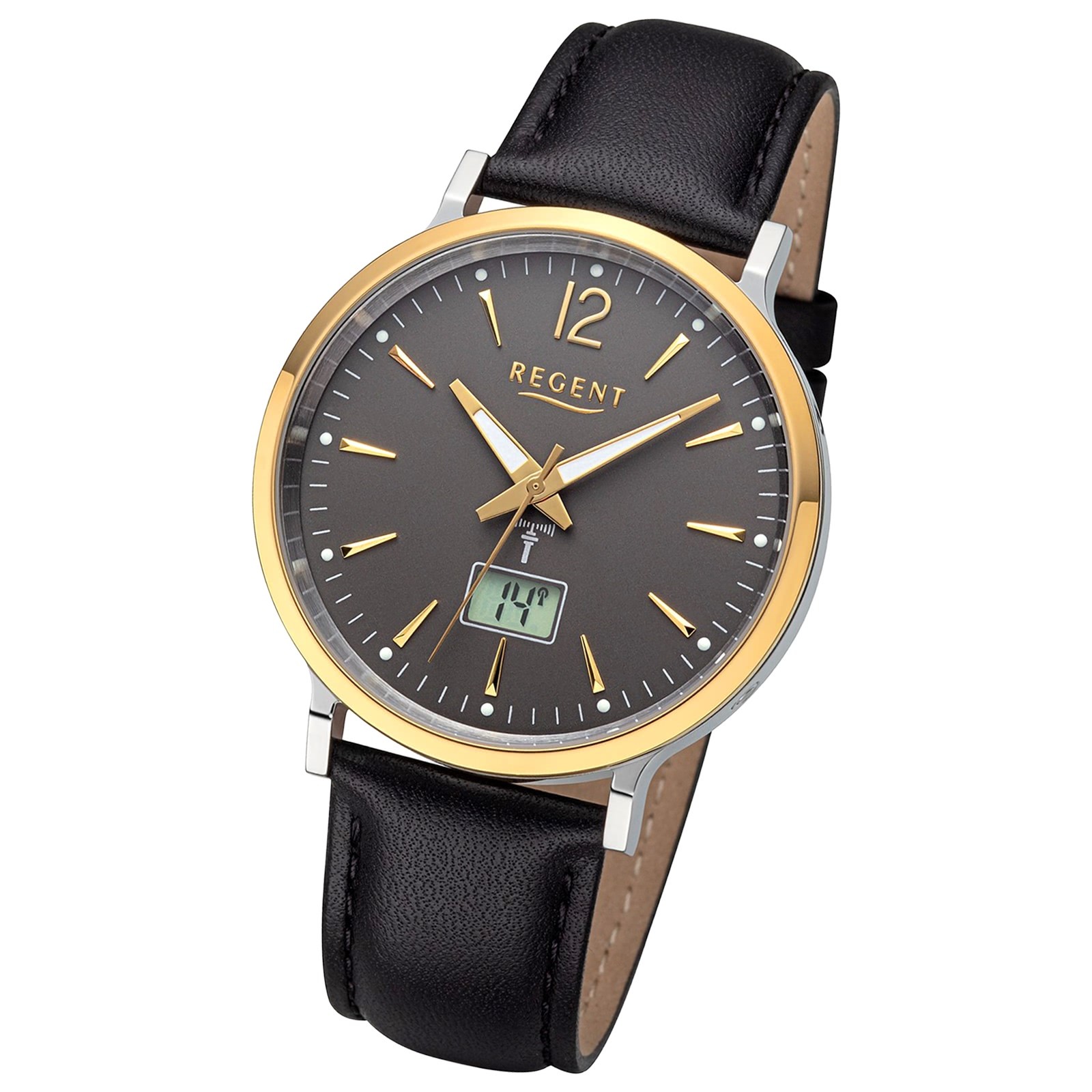 Regent Herren Funkuhr Analog-Digital Lederarmband schwarz URFR285
