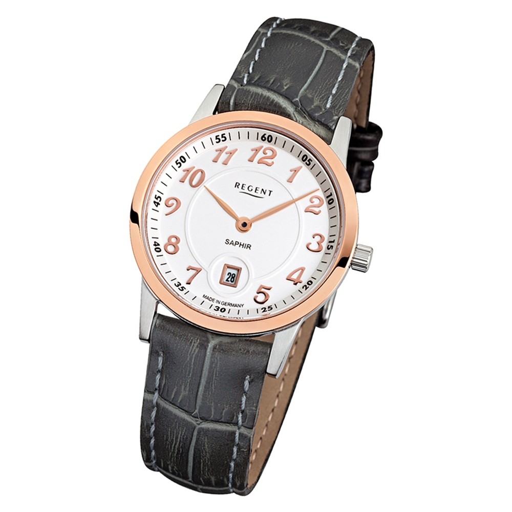 Regent Damen Armbanduhr Analog GM-1404 Quarz-Uhr Leder grau URGM1404