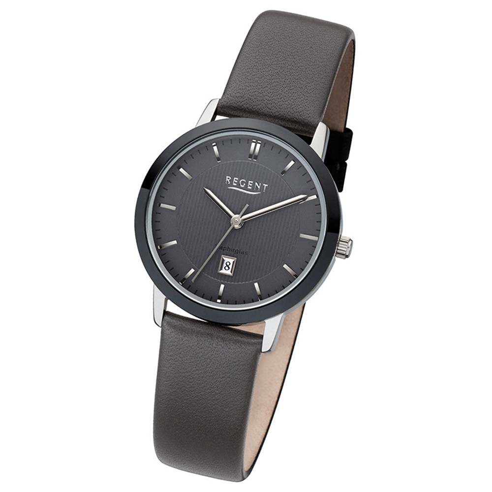 Regent Damen-Armbanduhr Quarzwerk Lederarmband dunkelgrau, schwarz URLD1614