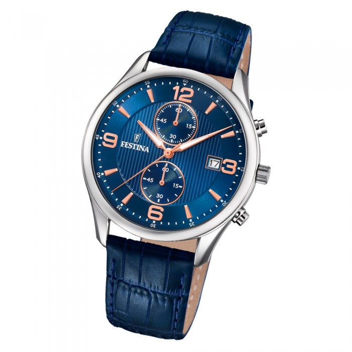 Retro Herren Festina F6855/6 Quarz blau Armbanduhr UF6855/6 Leder