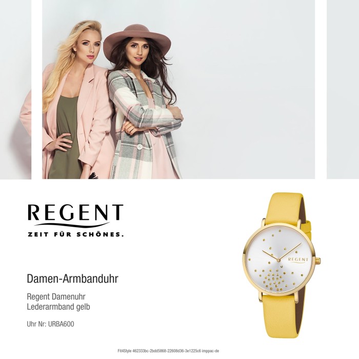 Armbanduhr Leder Regent Analog Quarz-Uhr URBA600 gelb BA-600 Damen