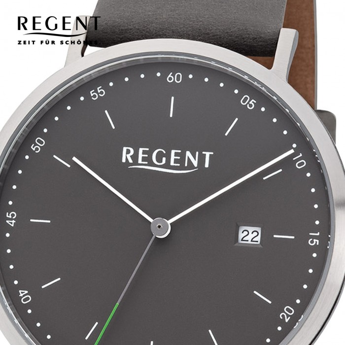 Herren grau Leder Armbanduhr Quarz-Uhr Analog F-1142 Regent URF1142