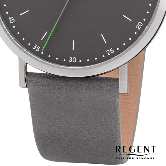 Regent Herren Armbanduhr Analog F-1142 Quarz-Uhr Leder grau URF1142