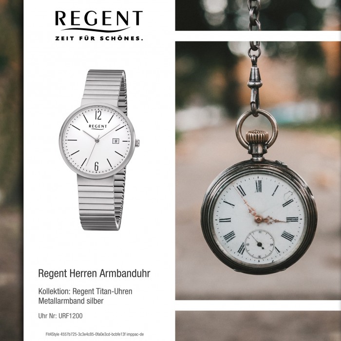 Regent Herren Armbanduhr Analog F-1200 Quarz-Uhr Titan silber URF1200