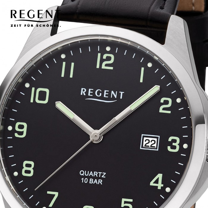 Analog Leder Armbanduhr Herren F-1227 Quarz-Uhr Regent schwarz URF1227