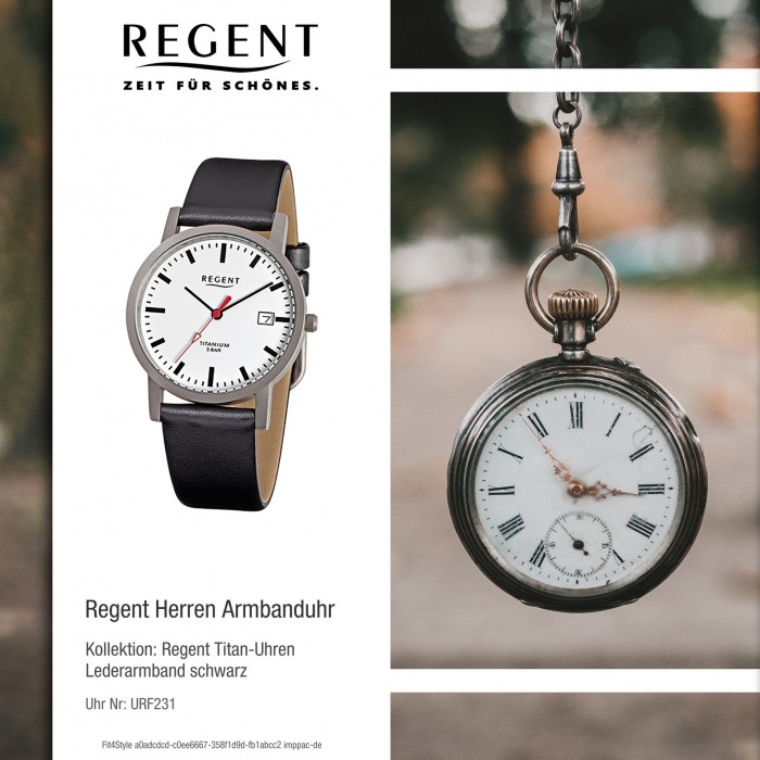 Regent Herren-Armbanduhr F-231 schwarz URF231 Titan-Uhr Leder-Armband