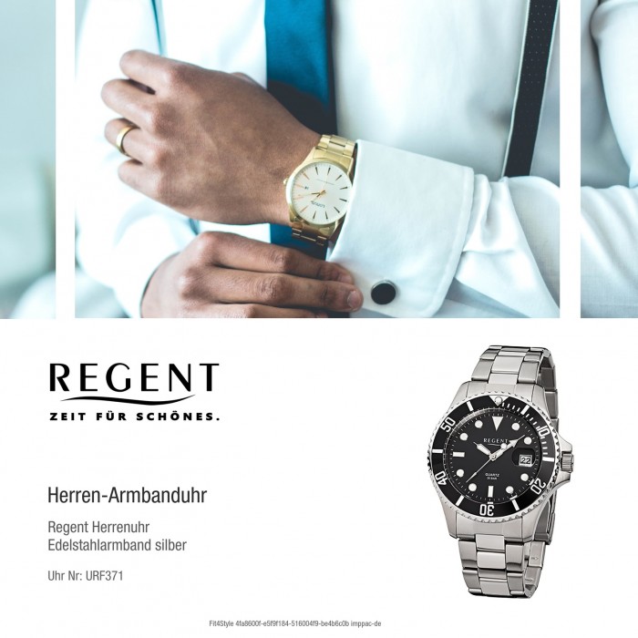 Regent Herren-Armbanduhr F-371 Quarz-Uhr Stahl-Armband silber URF371