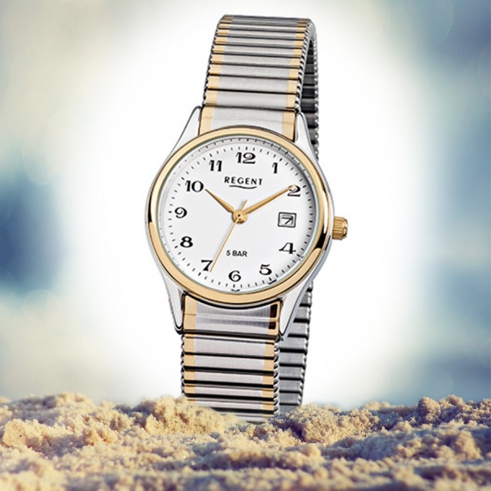 Regent Damen, Herren-Armbanduhr F-461 Quarz-Uhr Stahl-Armband silber gold  URF461