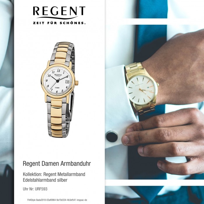 Regent Damen-Armbanduhr F-593 Quarz-Uhr Stahl-Armband silber gold URF593