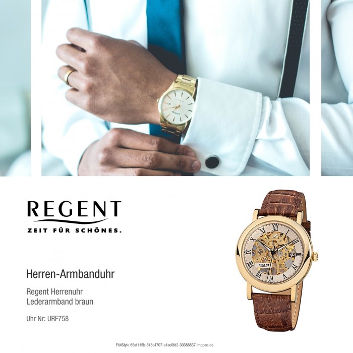 Regent Herren-Armbanduhr Mineralglas Handaufzug Leder braun mechanisch F- 1390 URF758