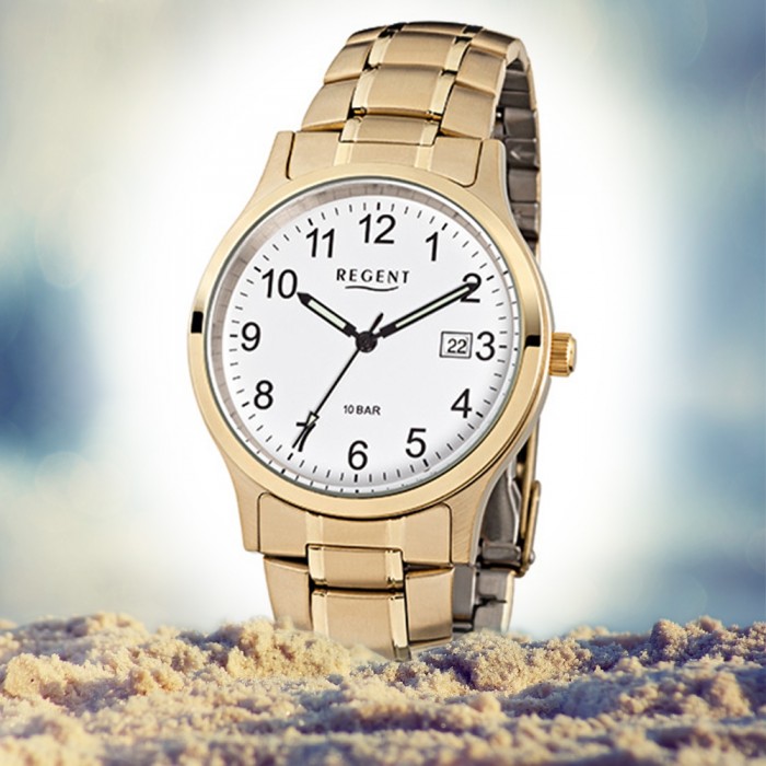Regent Herren-Armbanduhr F-776 Quarz-Uhr Stahl-Armband gold URF776