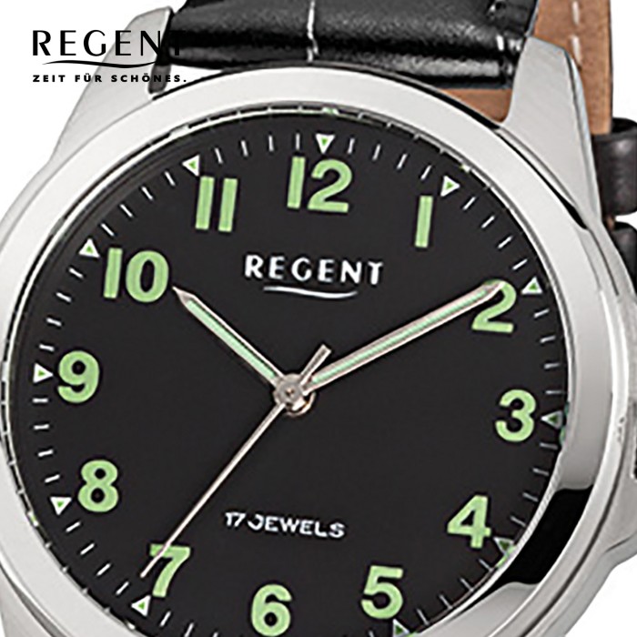 Regent Herren-Armbanduhr F-1392 Handaufzug Leder-Armband schwarz URF818