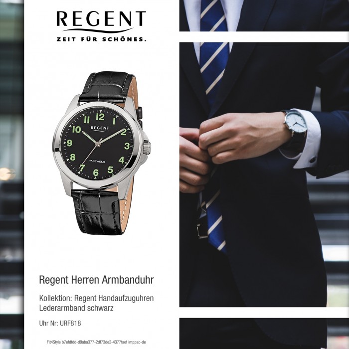 Herren-Armbanduhr Regent Leder-Armband Handaufzug schwarz F-1392 URF818