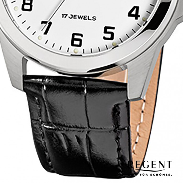 Regent Herren-Uhr mechanisch Handaufzug Leder schwarz Leuchtzeiger Uhr  URF819