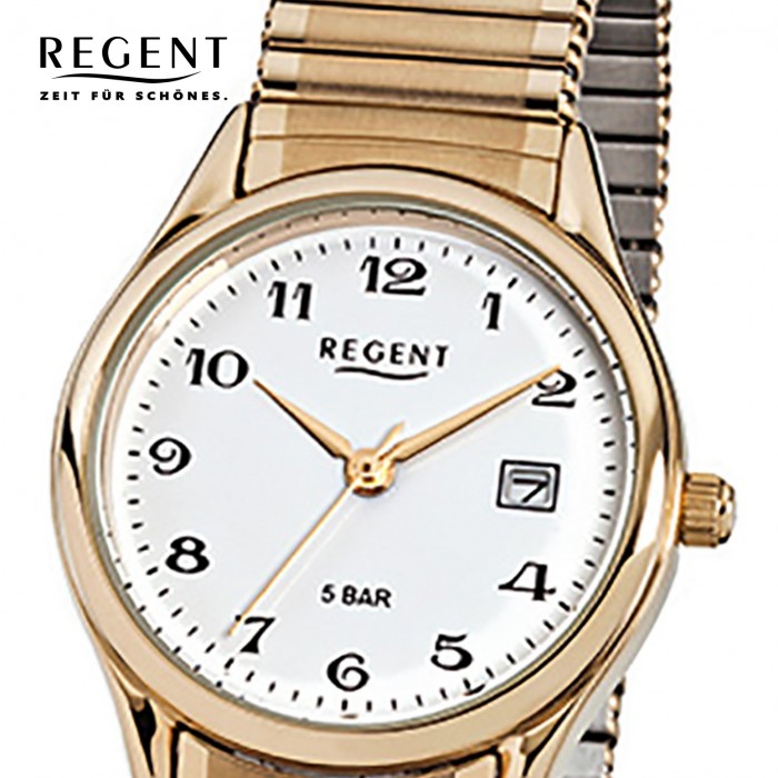 Regent Damen, Herren-Armbanduhr F-894 Quarz-Uhr Stahl-Armband gold URF894 | Quarzuhren