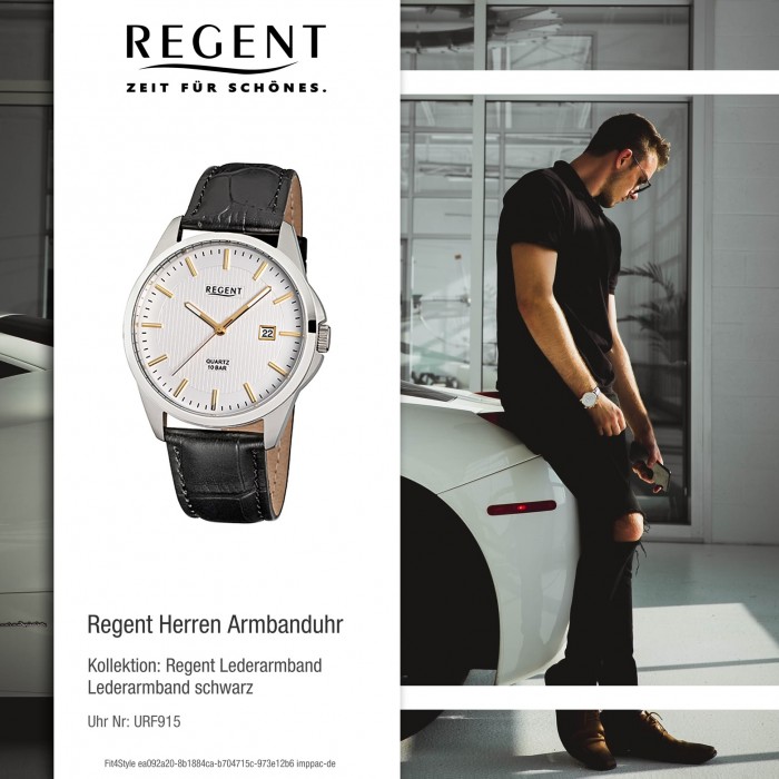 Regent Herren-Armbanduhr F-915 Quarz-Uhr Leder-Armband schwarz URF915
