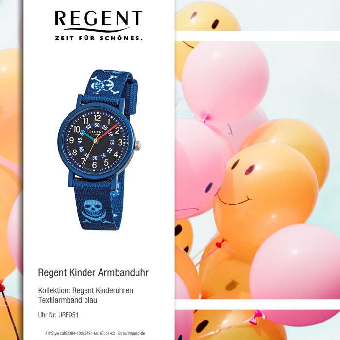Regent Kinder-Armbanduhr Pirat Mineralglas Quarz Textil blau URF951 | Quarzuhren