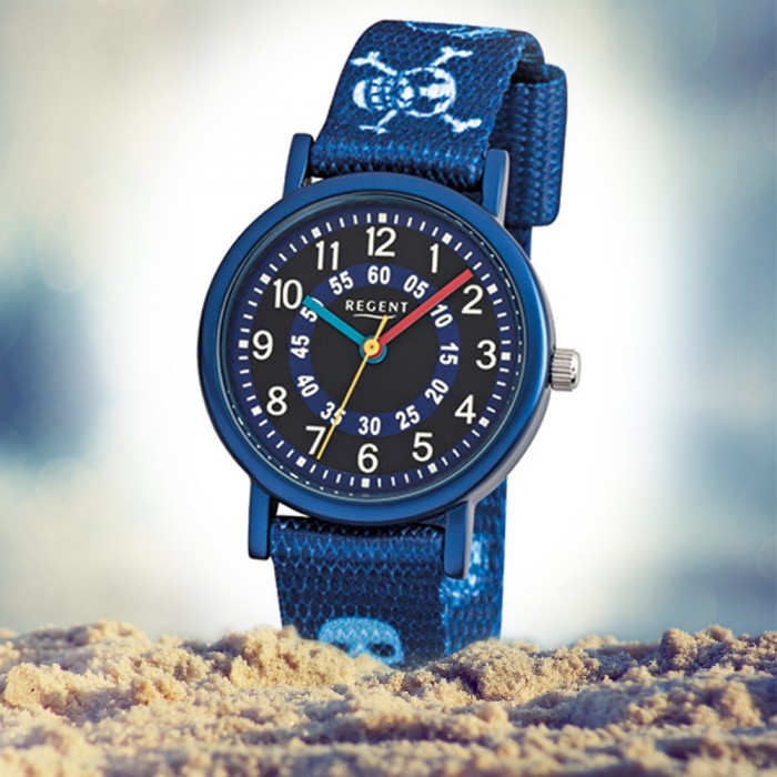 Textil Regent Kinder-Armbanduhr Quarz Mineralglas URF951 Pirat blau