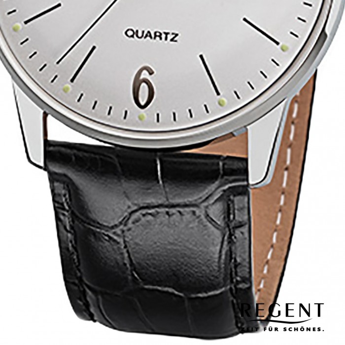 Regent Herren-Armbanduhr F-986 Quarz-Uhr Retro Leder-Armband schwarz URF986