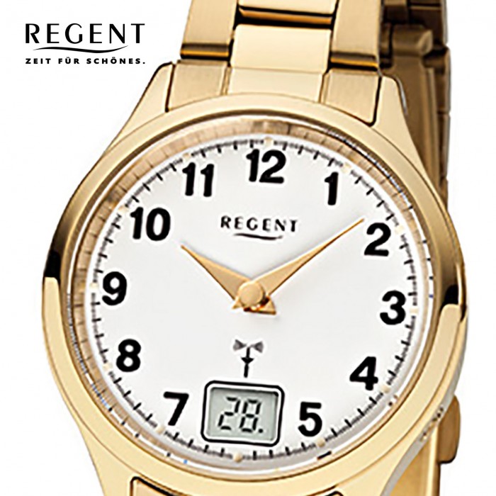 Regent Damen-Armbanduhr 32-FR-195 Funkuhr Edelstahl-Armband gold URFR195 | Quarzuhren