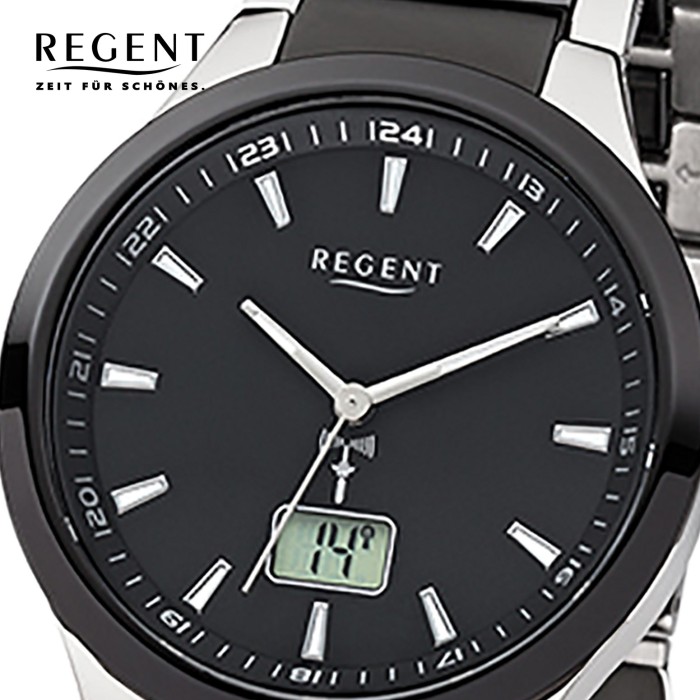 FR-237 Stahl-Keramik-Armband schwarz silber Funkuhr Regent URFR237 Herren-Uhr