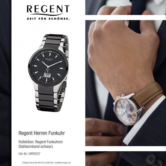 Regent Herren-Uhr FR-237 Funkuhr Stahl-Keramik-Armband schwarz silber  URFR237