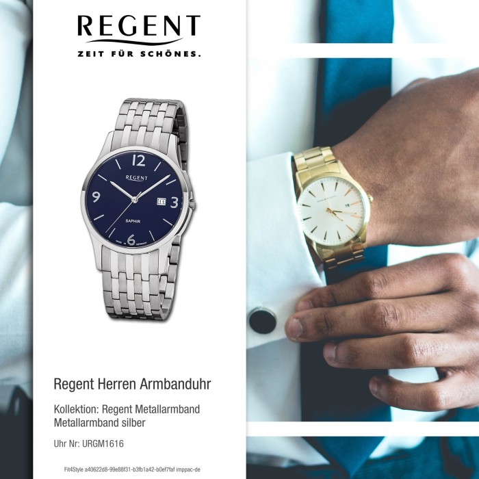 Regent Herren Armbanduhr Analog GM-1616 Quarz-Uhr Metall silber URGM1616